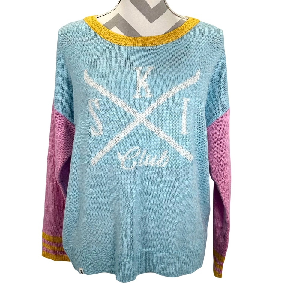 Simply Southern Womens Ski Club Sweater Blue Pink Colorblock S/M Graphic